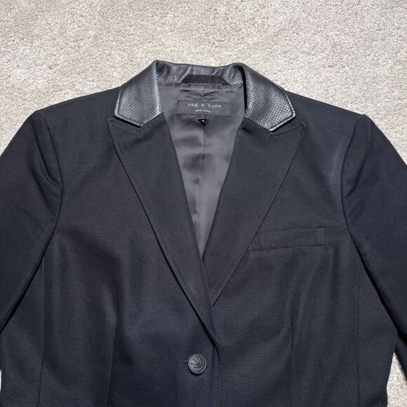 Rag & Bone Leather Collar Blazer Jacket Womens 4 Black Two-Button Preppy Career - Picture 6 of 12